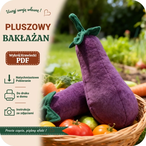 Wykrój krawiecki PDF na pluszaka w kształcie bakłażana.